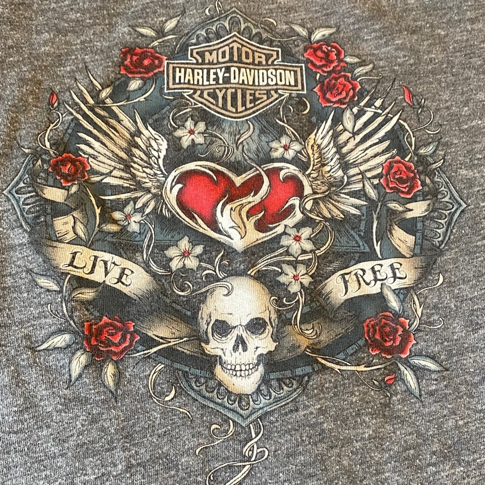 Harley-Davidson Gray Tee with Skull and Heart Design